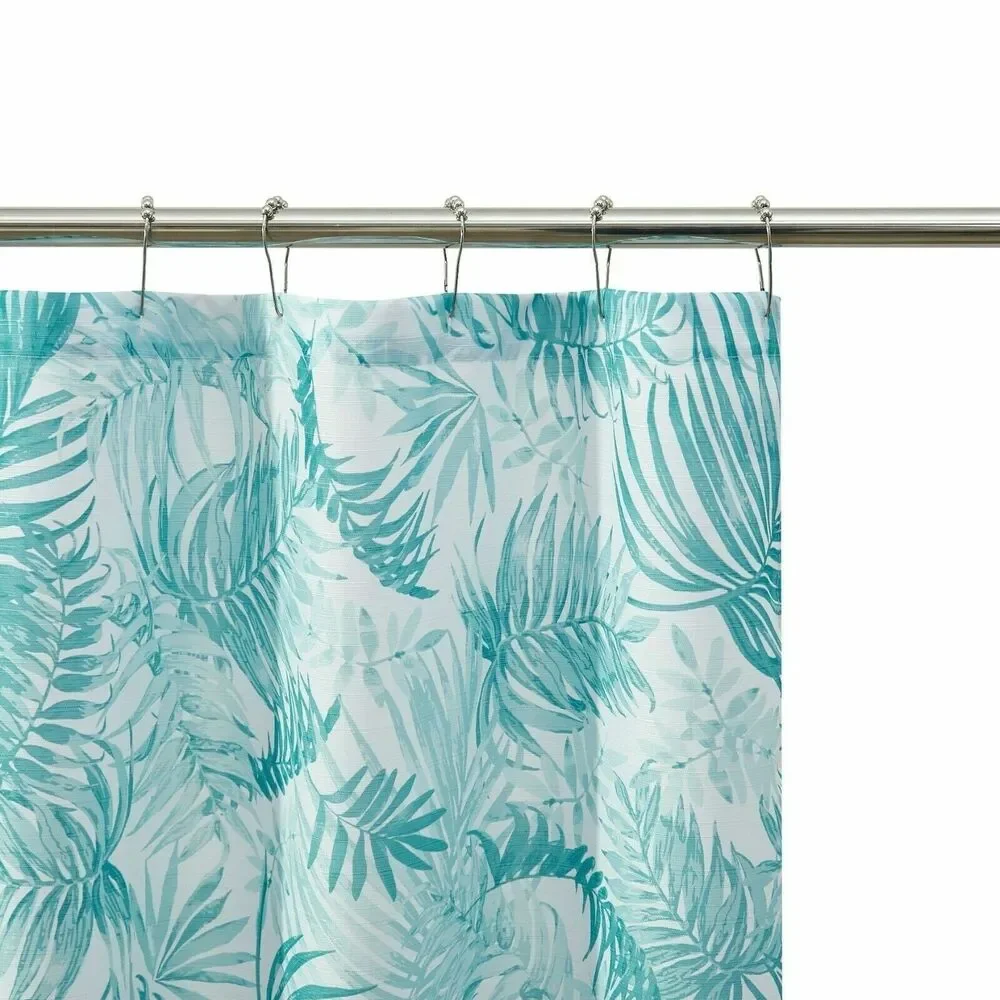 Tropical Green Palm Leaves Fabric Shower Curtain Ribbed Striped Textured Bath